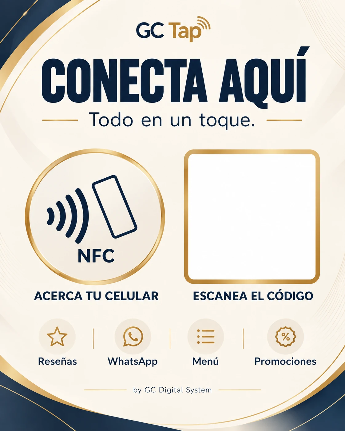 Pieza GC Tap de acrílico con NFC y QR sobre el mostrador de un negocio